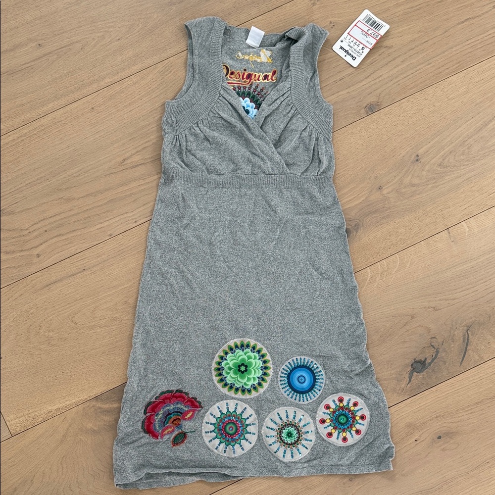 Desigual Gray Dress with Colorful Embroidery